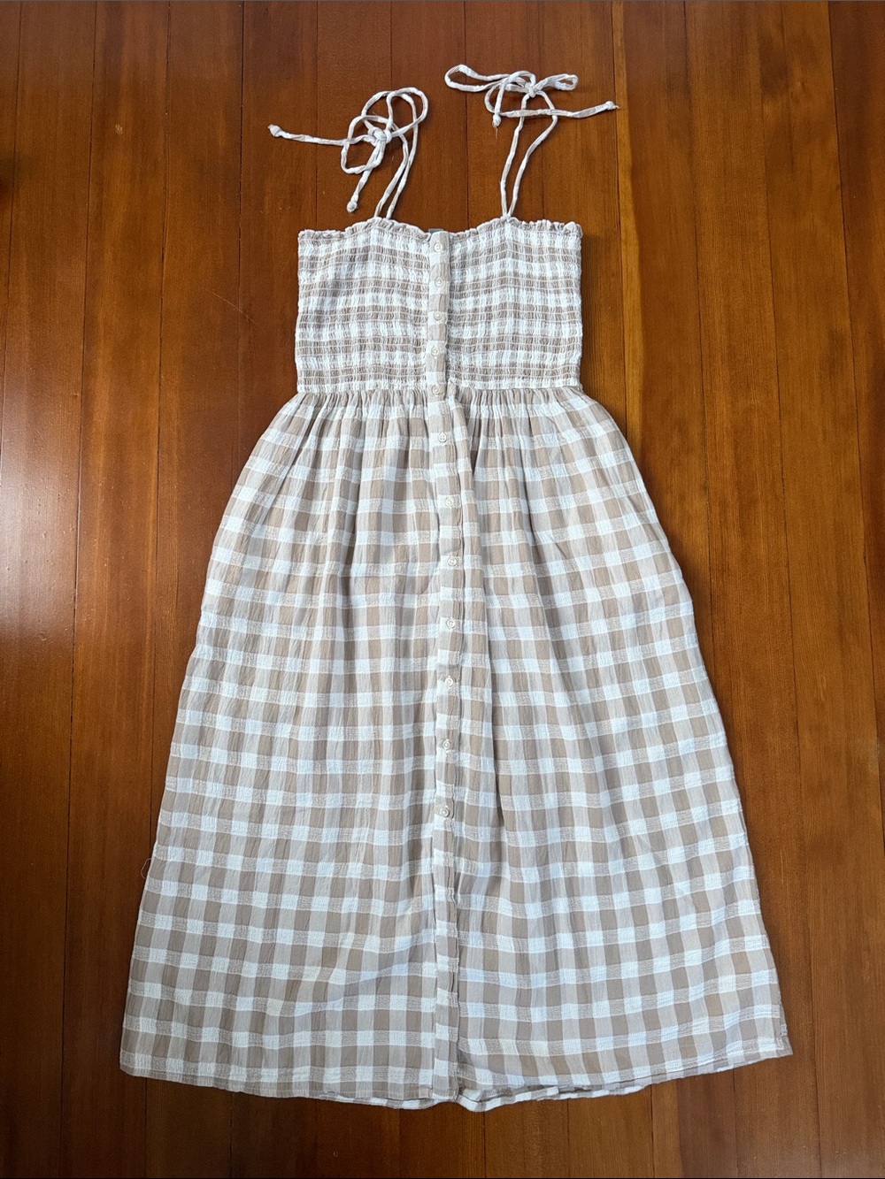aerie Beige and White Gingham Tie-Shoulder Midi Dress